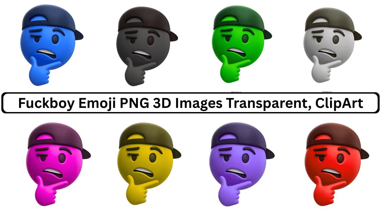 Colorful 3D thinking emoji set wearing cap with sarcastic expressions in transparent PNG format