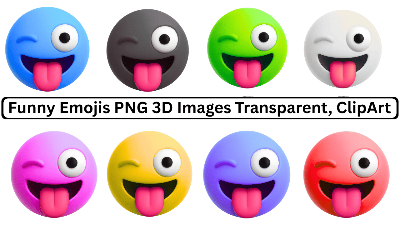 Collection of colorful funny 3D emojis with winking expressions and tongues out in PNG format with transparent background