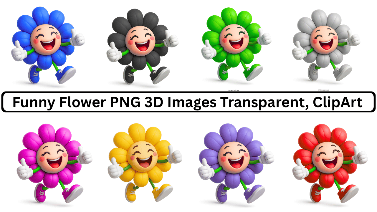 Set of colorful funny flower characters in 3D, smiling and giving thumbs up