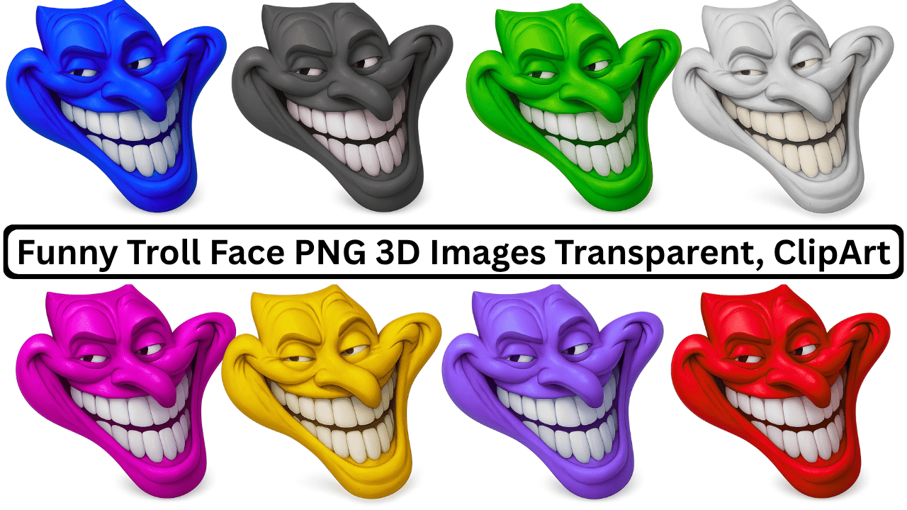 funny colorful 3D troll face PNG clipart collection with transparent background for memes