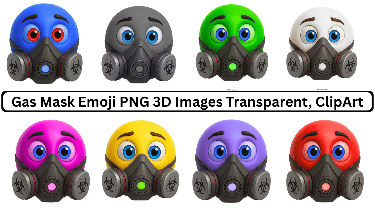 Colorful 3D gas mask emoji PNG clipart with blue, red, yellow, green, purple faces