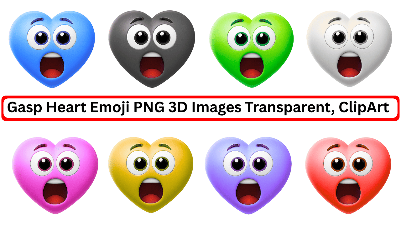 Colorful gasp heart emoji 3D PNG collection in various colors with surprised expressions.