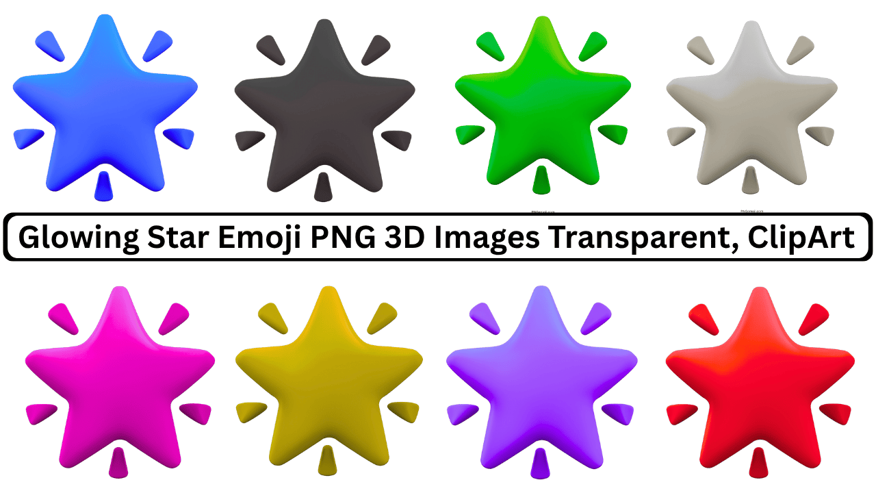 Collection of 3D glowing star emojis in various colors with transparent background
