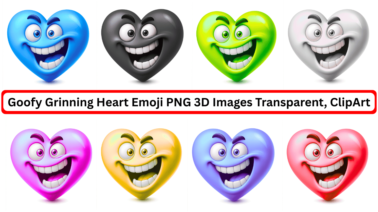 Goofy grinning heart emoji collection in colorful 3D PNG clipart with transparent background
