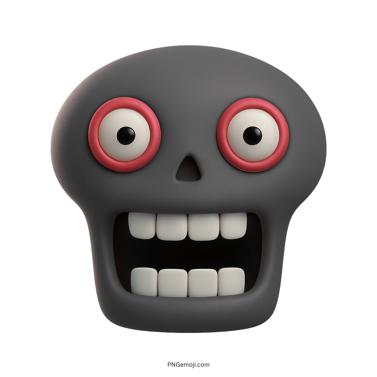 Goofy skull emoji with exaggerated eyes and mouth, 3D animated cartoon style in gray.