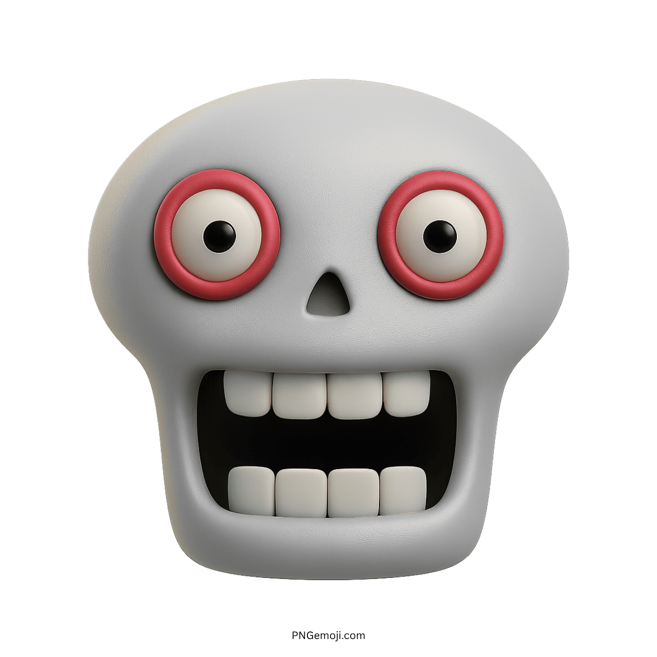 Goofy skull emoji with exaggerated eyes and mouth, 3D animated cartoon style in white.