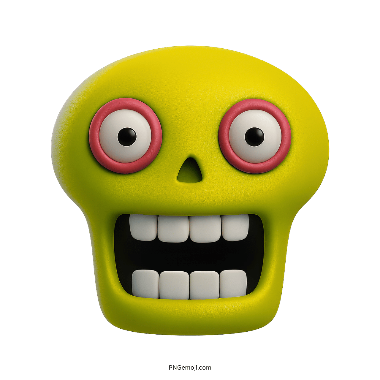  Goofy skull emoji with exaggerated eyes and mouth, 3D animated cartoon style in yellow.