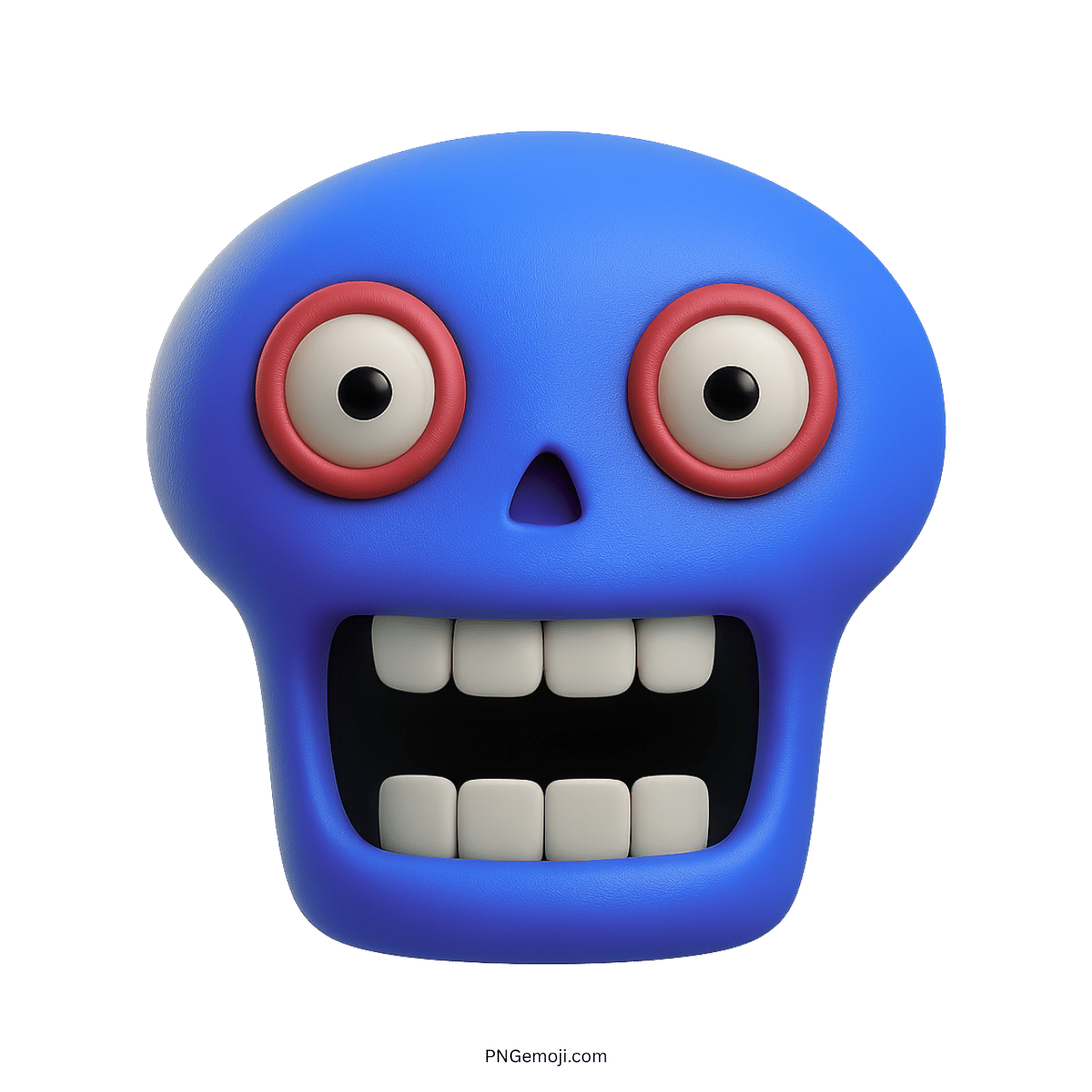Goofy skull emoji with exaggerated eyes and mouth, 3D animated cartoon style.