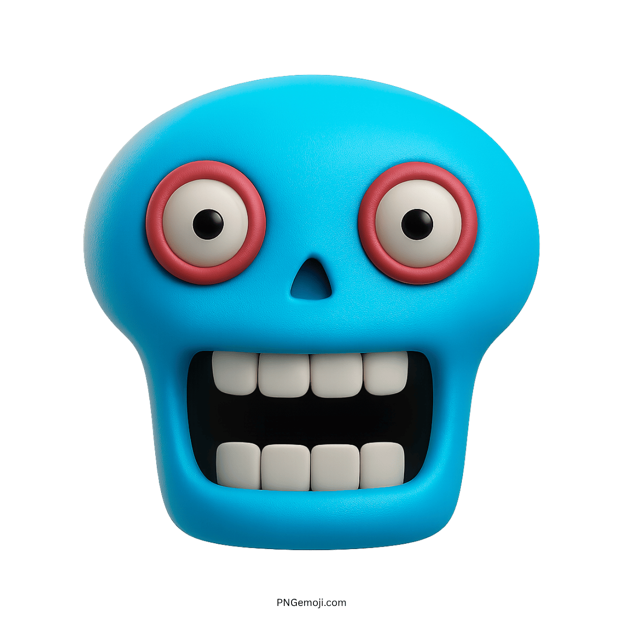 Goofy blue skull emoji with exaggerated eyes and wide grin.