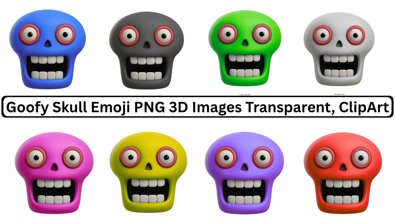 Collection of colorful goofy skull emojis in 3D with transparent backgrounds.