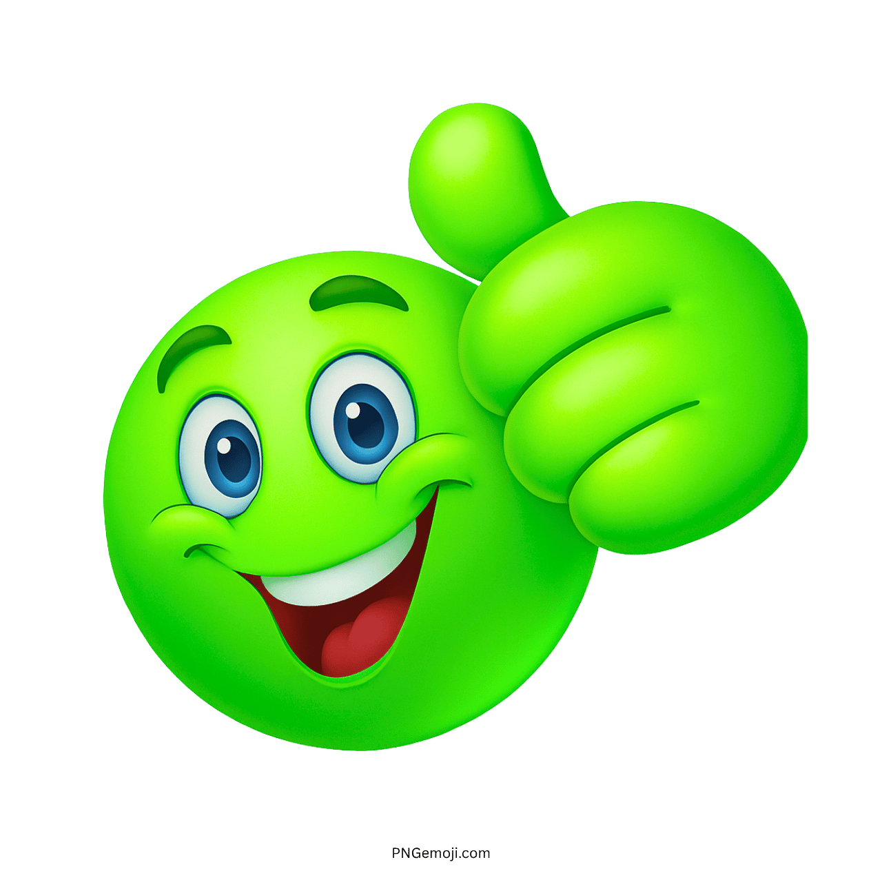 Green emoji with thumbs up gesture and a big smile on a green background.