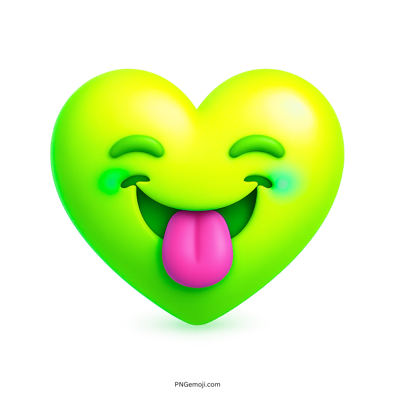 Bright green heart emoji with pink tongue out and closed smiling eyes in 3D style