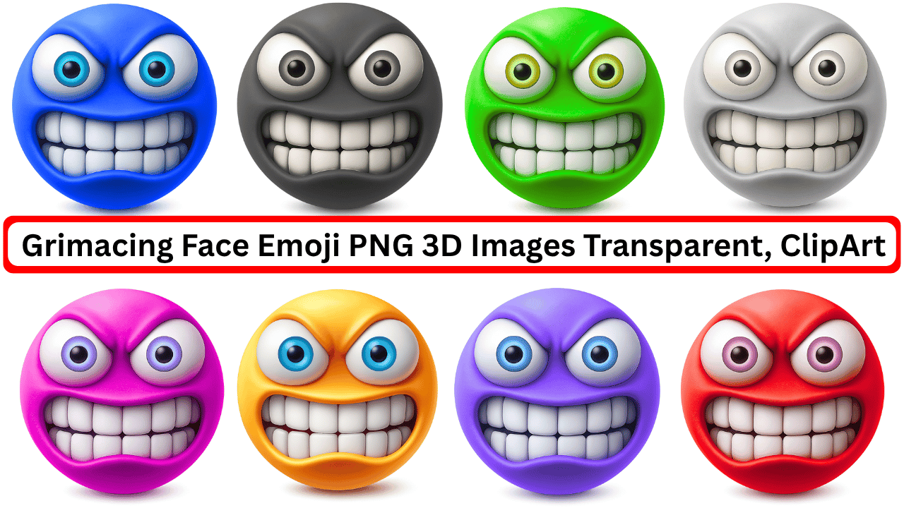 Set of colorful 3D grimacing face emojis with clenched teeth and intense eyes