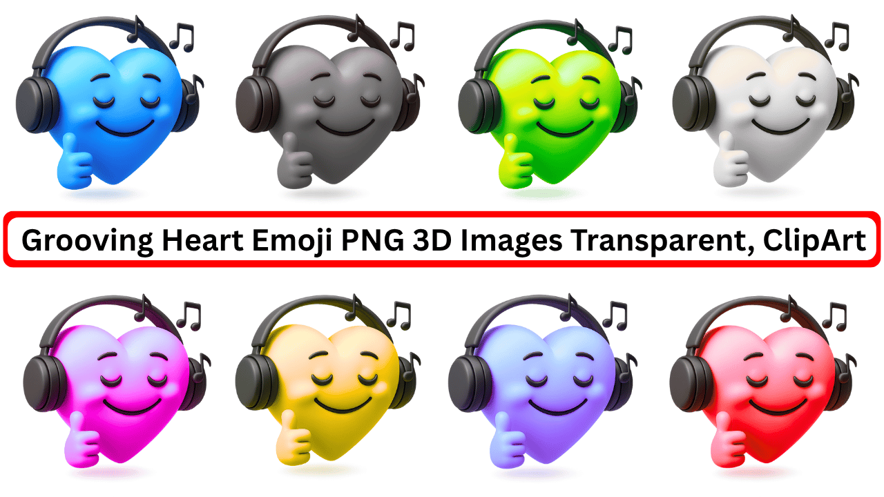 3D grooving heart emoji with headphones and music notes in colorful transparent clipart style