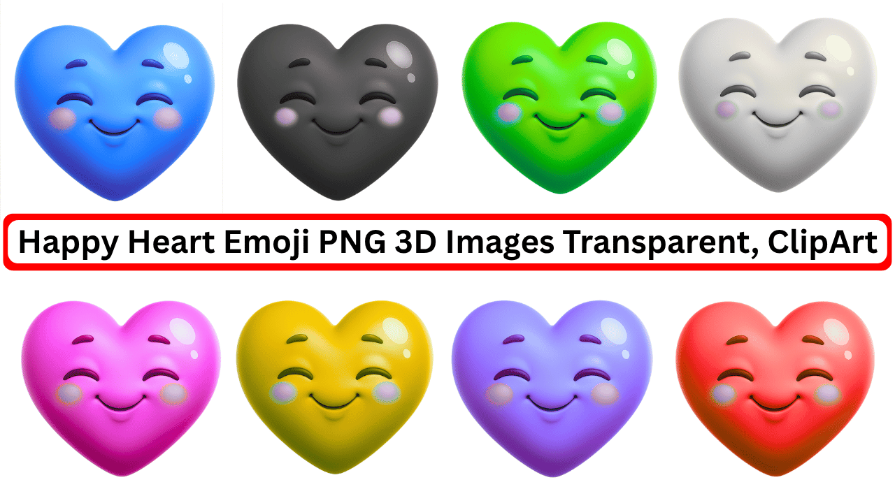 3D happy heart emoji PNG pack in multiple colors with smiley faces and blush