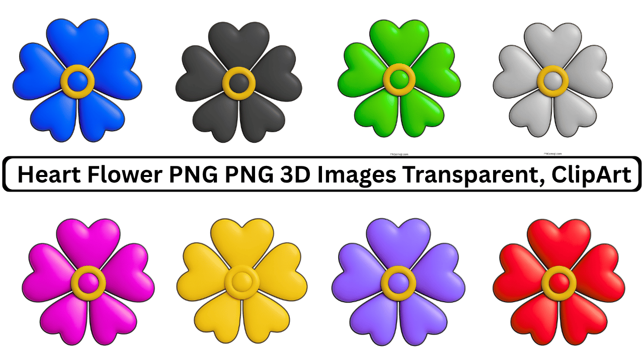Colorful heart-shaped flowers in 3D PNG format, transparent background.