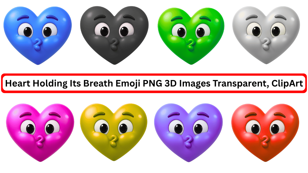 Heart holding breath emojis in colorful 3D design with transparent backgrounds and clipart style