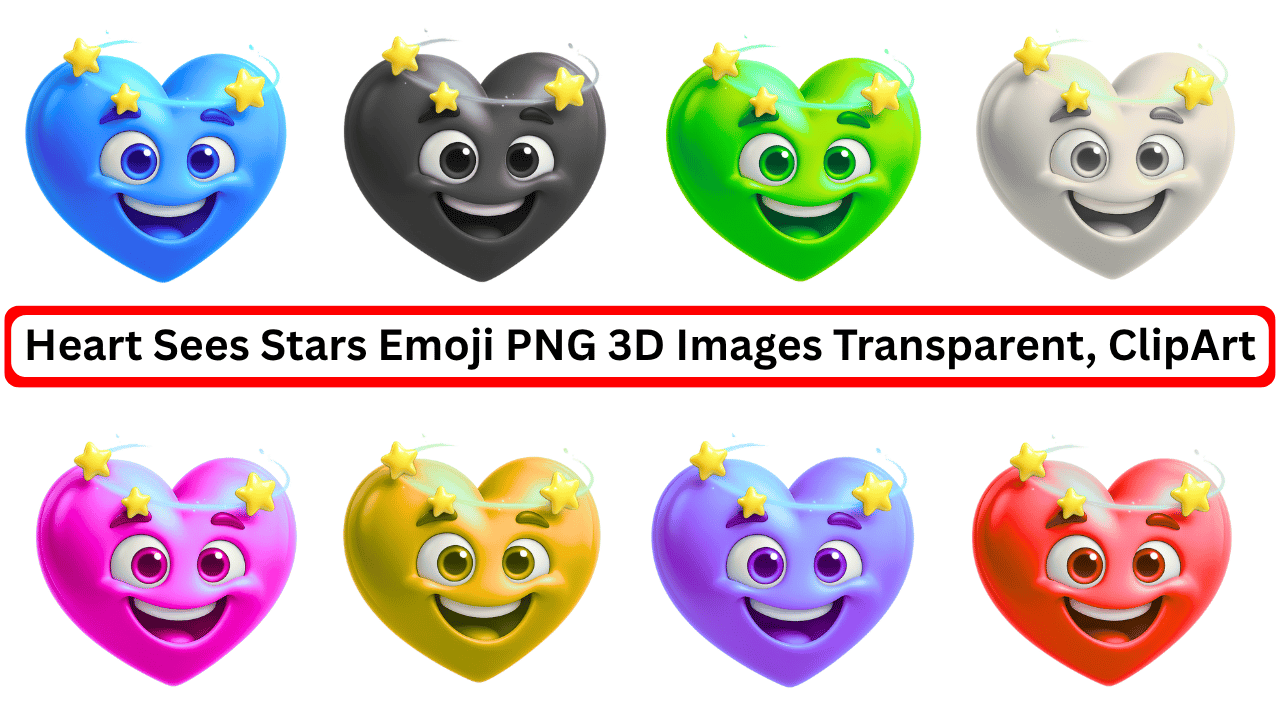 Colorful 3D heart emojis with star swirl and smiling faces in PNG transparent style