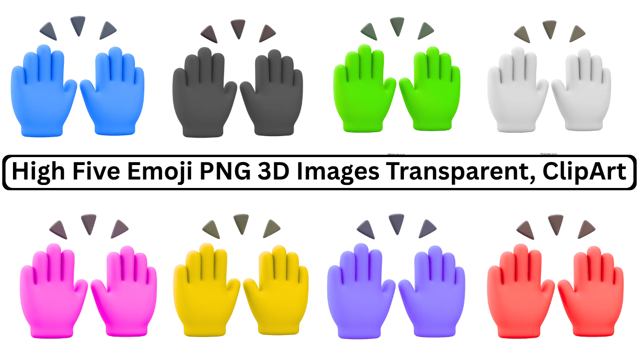 Colorful 3D high five emoji set in different colors with brown triangle shapes, transparent background.