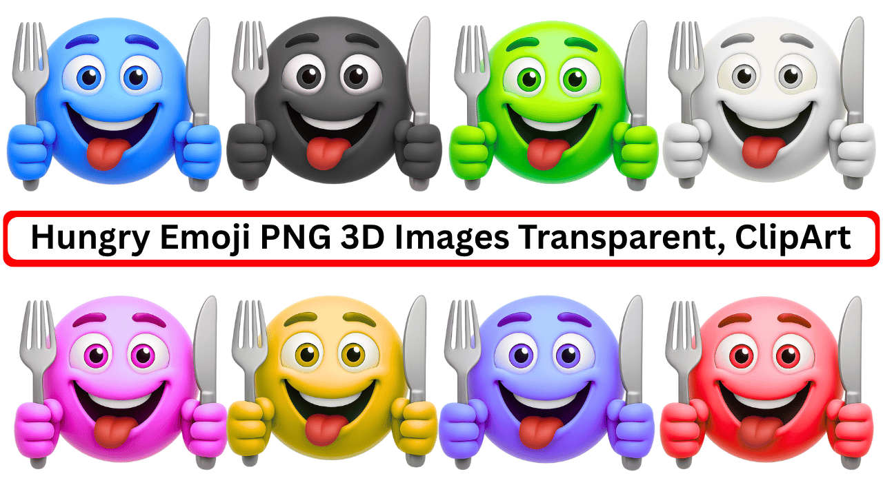 Colorful hungry emojis in 3D with forks and knives, clipart PNG image collection