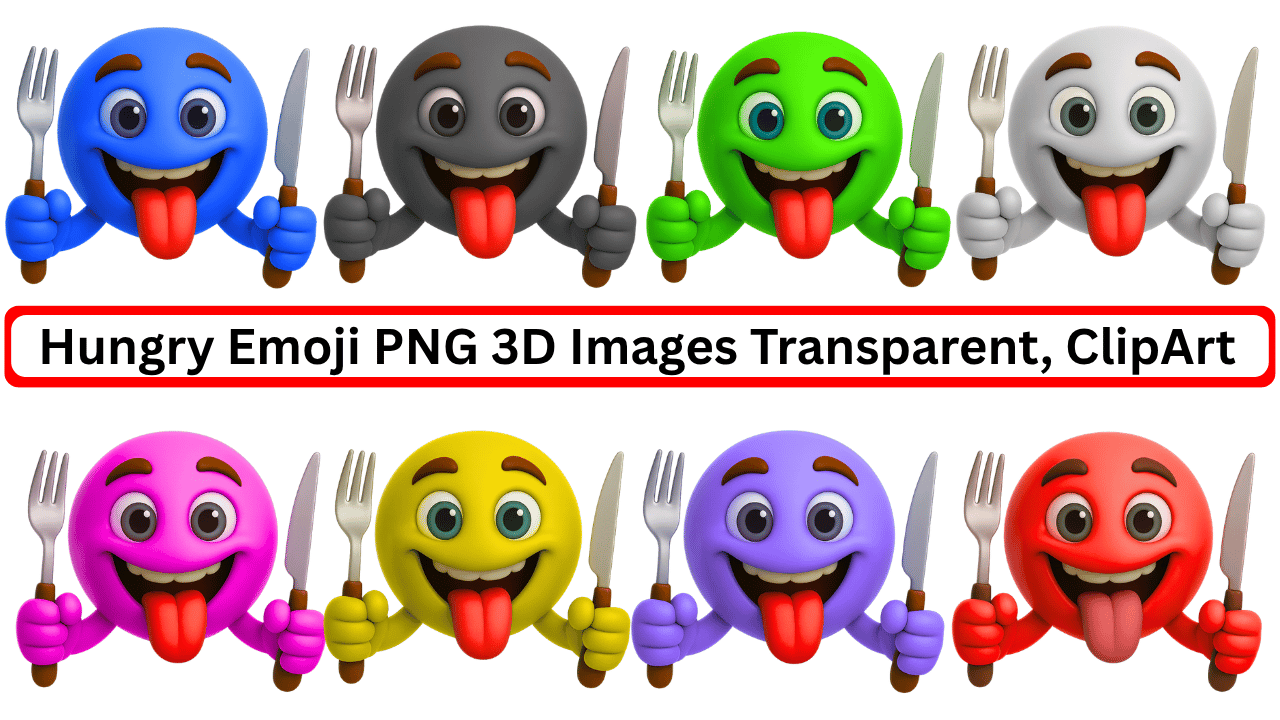 Colorful 3D hungry emoji collection with fork and knife in transparent PNG style