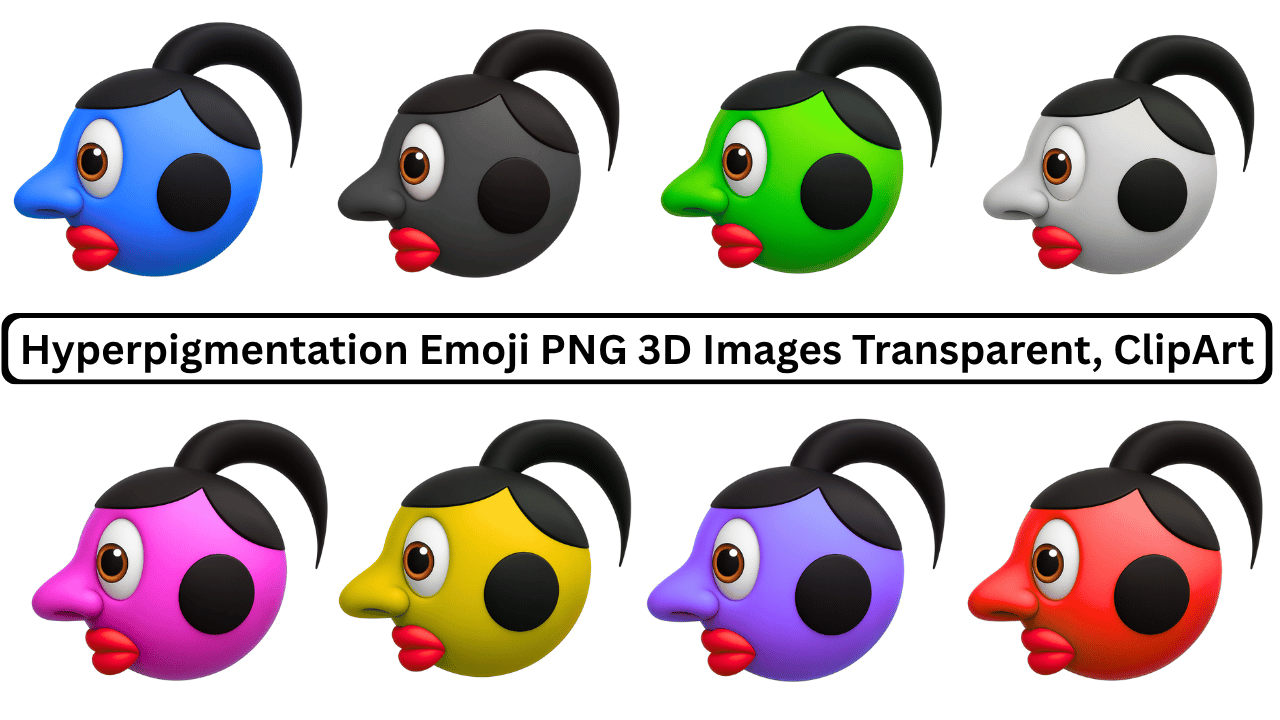 Multicolor 3D hyperpigmentation emoji faces with dark cheek spots and ponytail
