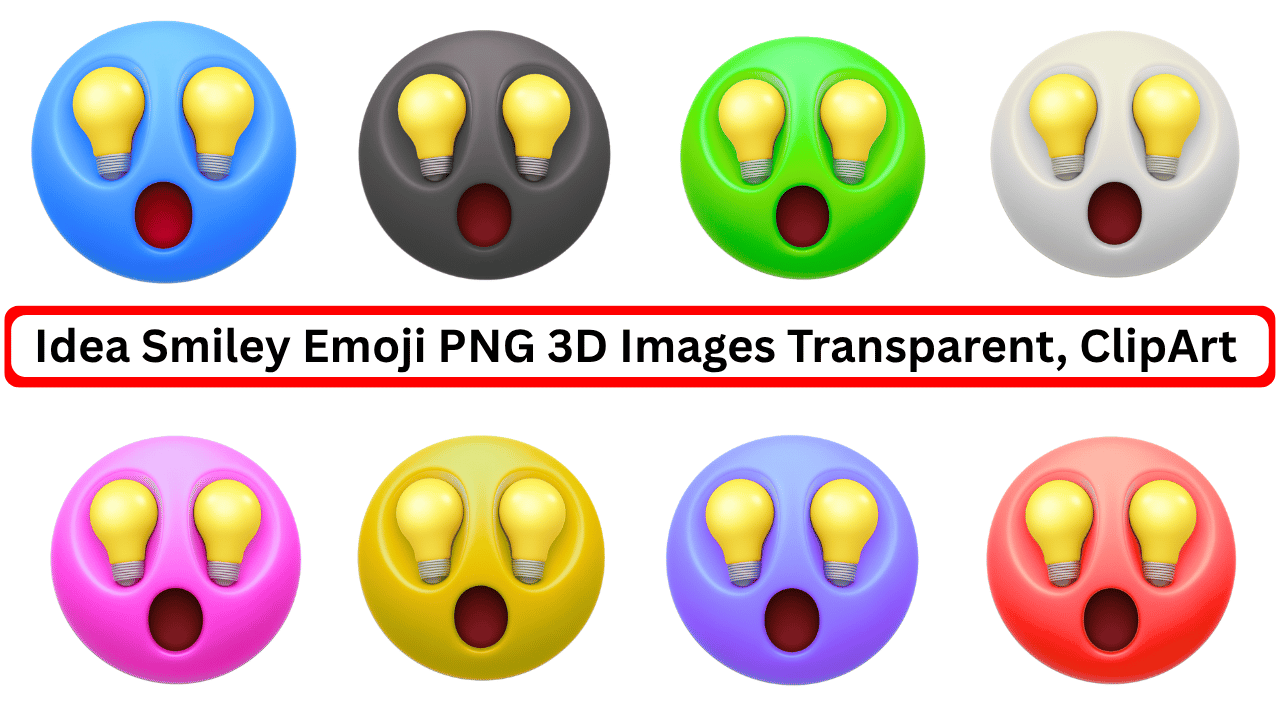 Collection of colorful 3D idea smiley emojis with lightbulb eyes on transparent background