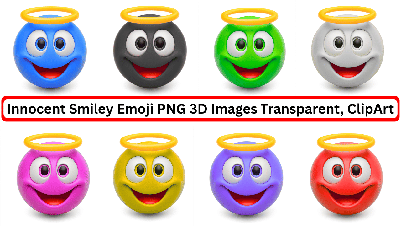 Colorful 3D innocent smiley emoji faces with halos in PNG clipart style