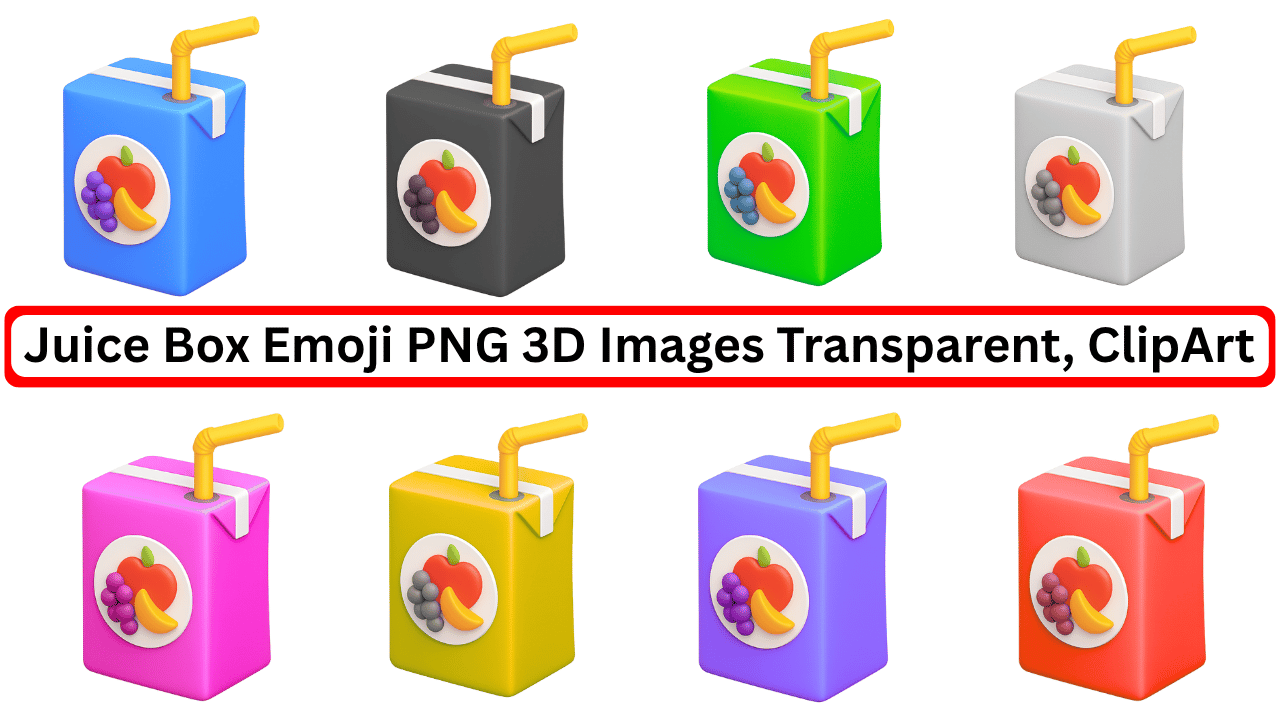 Colorful 3D juice box emoji set with transparent backgrounds in various shades