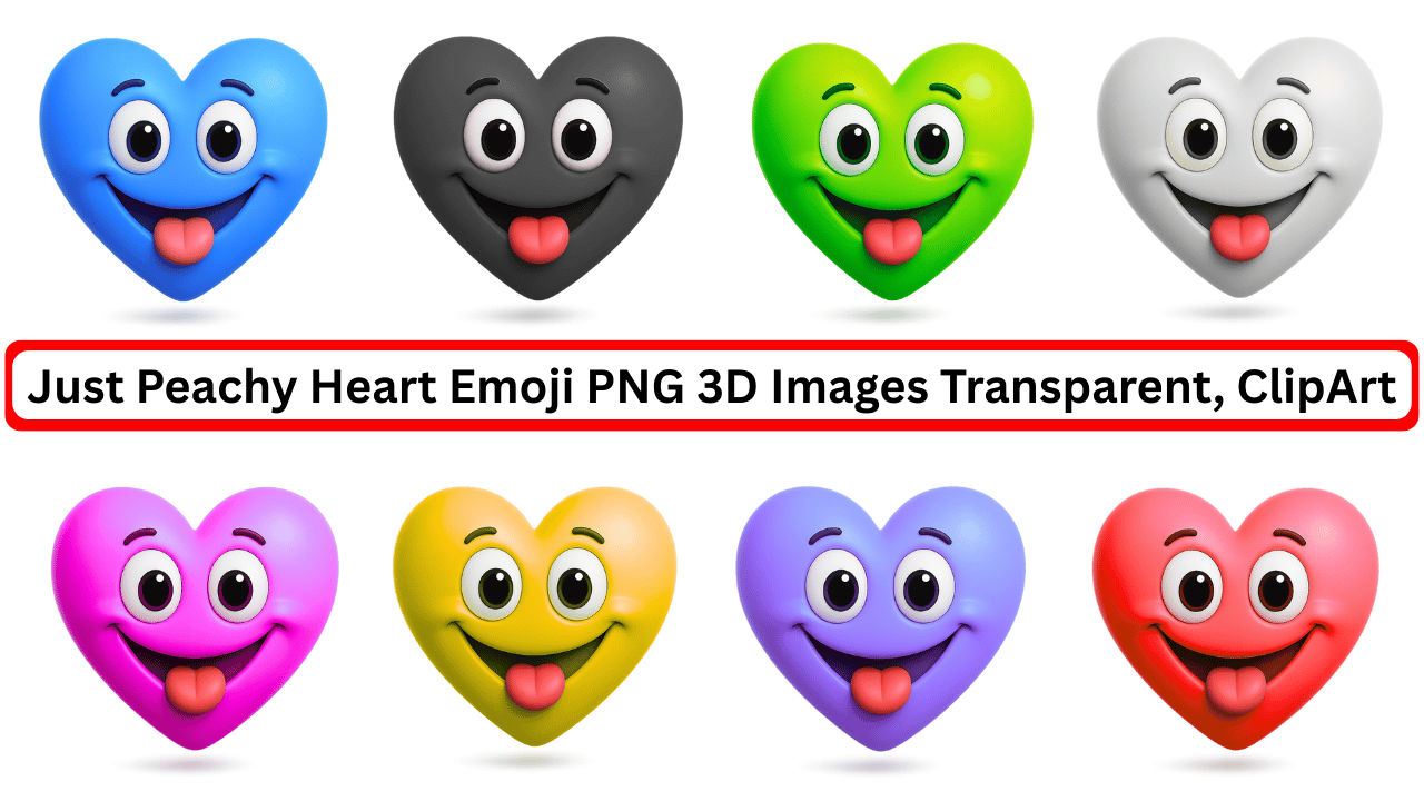 Set of colorful 3D heart emojis with silly smiling faces and tongues out