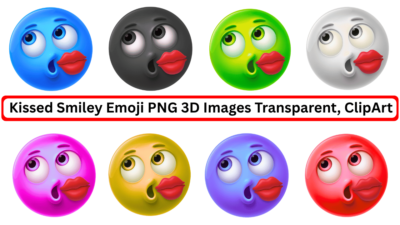 Colorful 3D kissed smiley emoji PNGs with red lips and transparent background