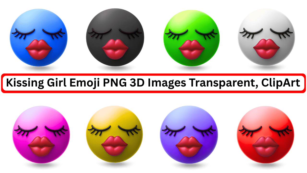 Set of colorful 3D kissing girl emojis with red lips and eyelash-lined closed eyes