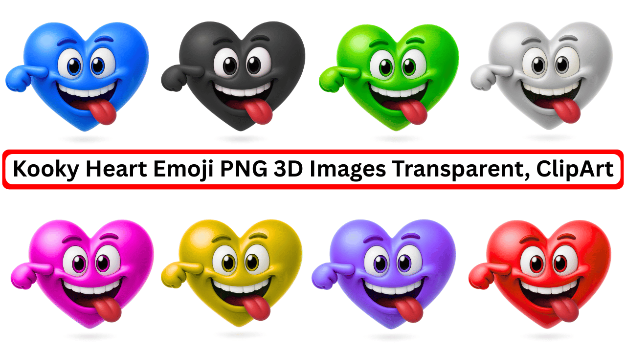 Colorful kooky heart emoji PNG set in 3D cartoon style with transparent background