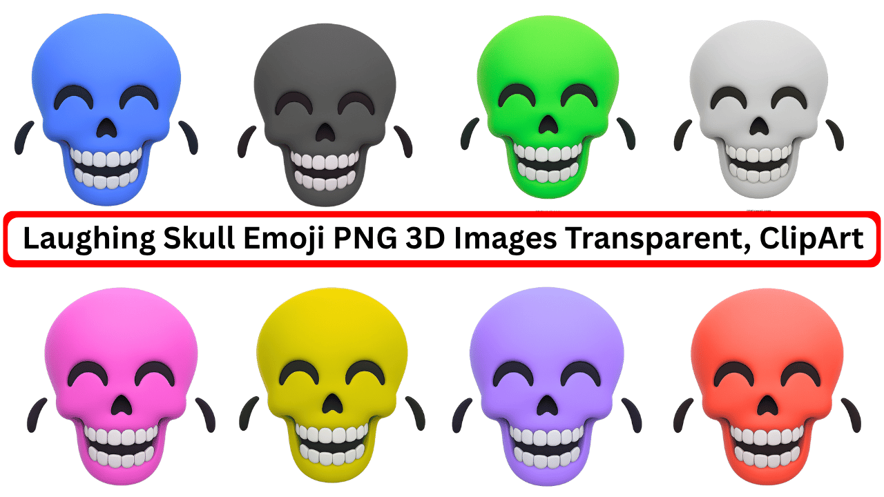 Colorful laughing skull emoji PNG 3D transparent clipart in 8 different bright shades