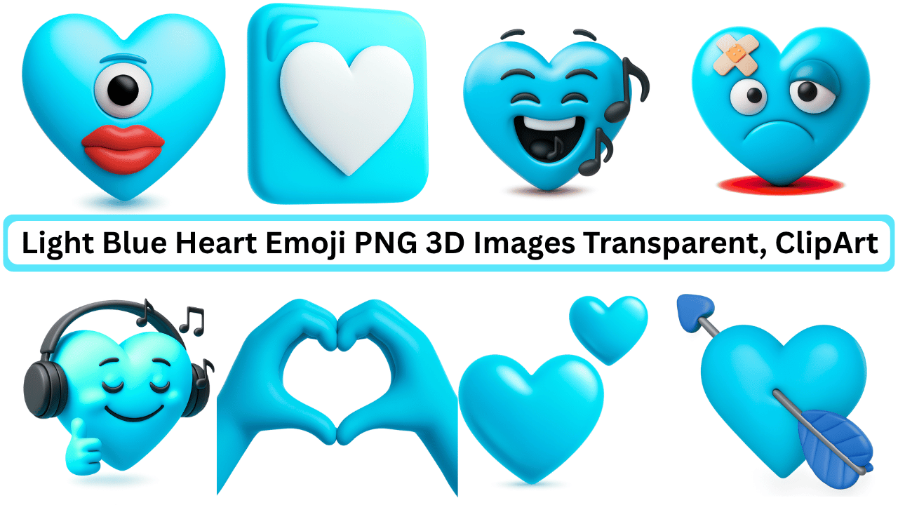 Light blue 3D heart emoji clipart collection with various expressions and transparent background