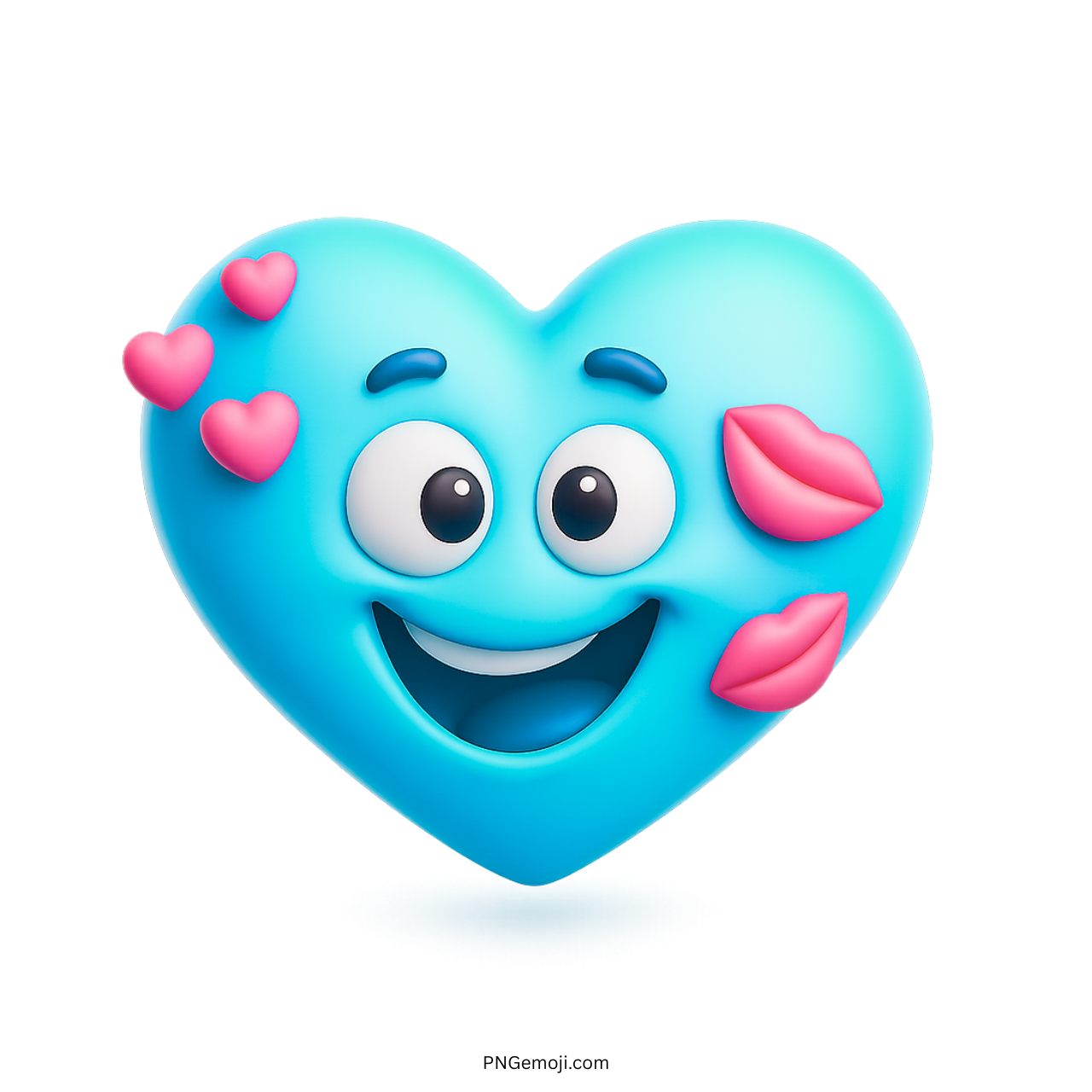 3D heart emoji with lip prints and a smiling face in blue color.