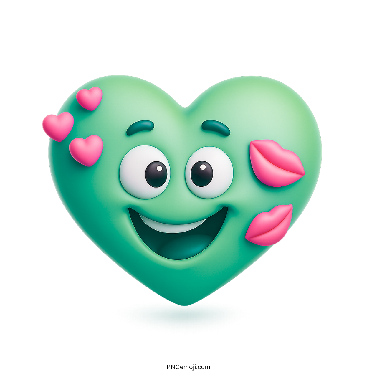 3D heart emoji with lip prints and a smiling face in green color.