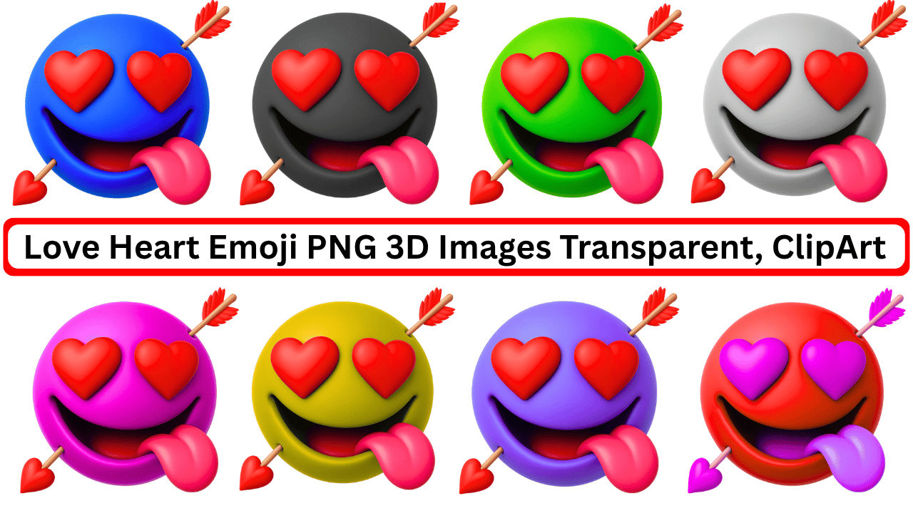 Colorful love heart emojis in 3D style with hearts, arrows, and playful tongue expression