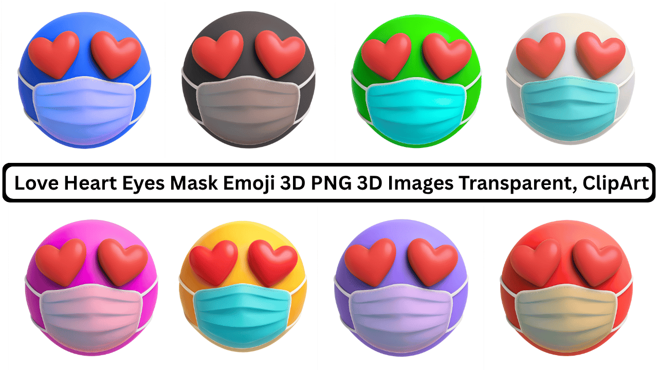 Colorful 3D love heart eyes emojis wearing masks, PNG transparent clipart collection
