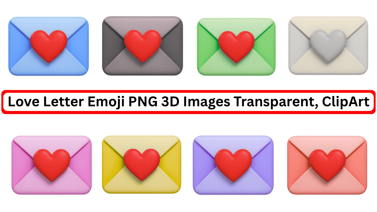 Set of 3D love letter emojis with red hearts and colorful envelopes PNG