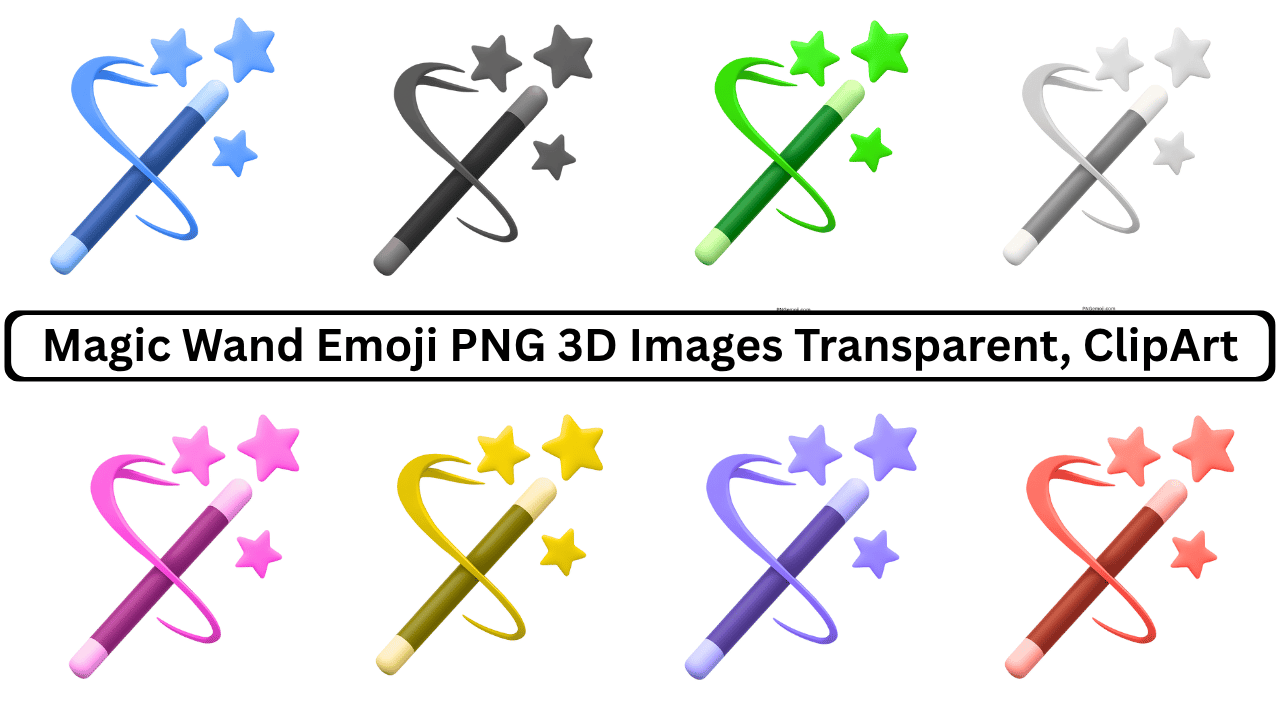 Collection of Magic Wand Emoji PNG 3D images with transparent background.