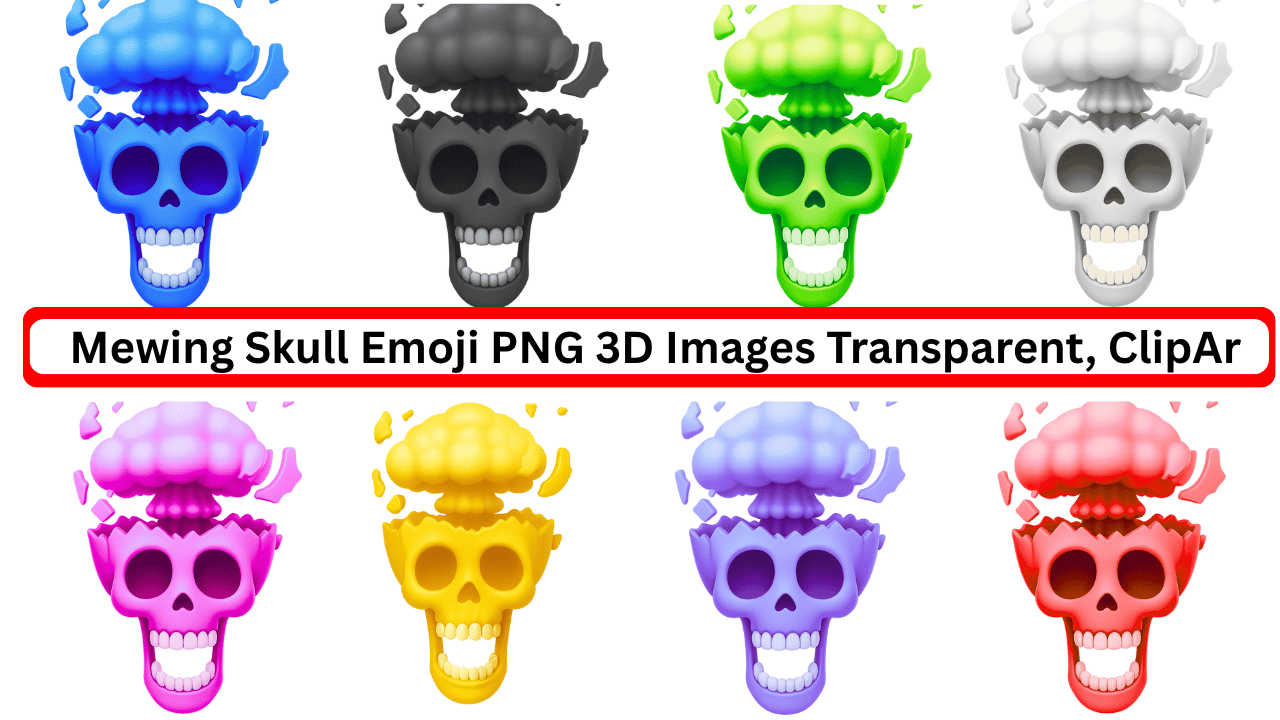 Colorful 3D mewing skull emojis with exploding heads in transparent PNG clipart set