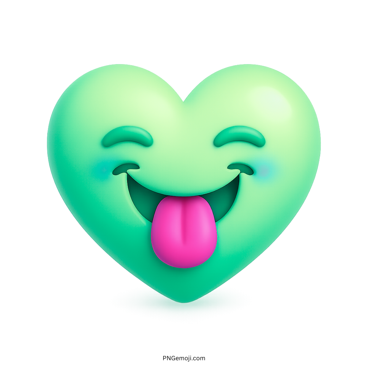 Mint green heart emoji with pink tongue out and smiling face in playful 3D style