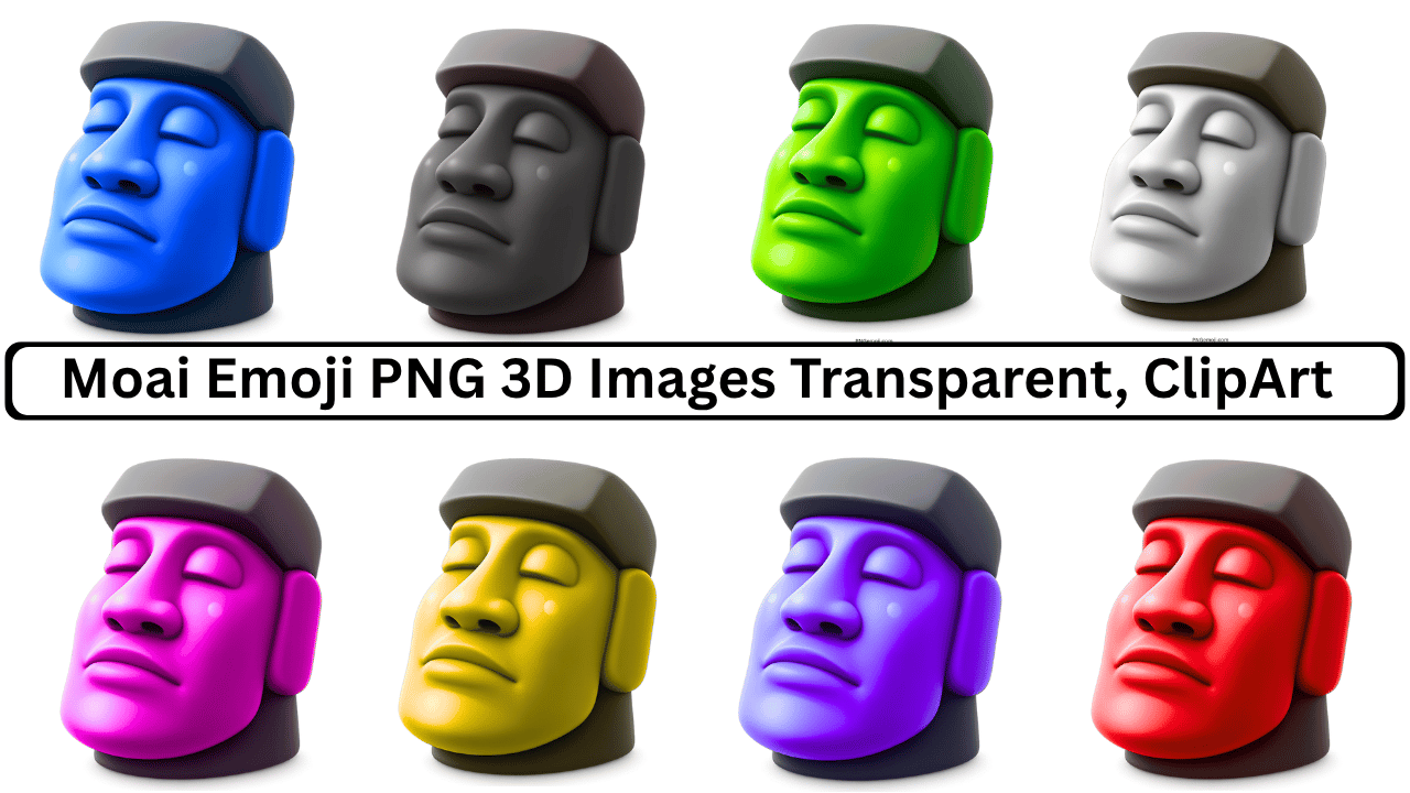 Colorful moai emoji 3D statues in blue, gray, green, white, pink, yellow, purple, red, transparent background.