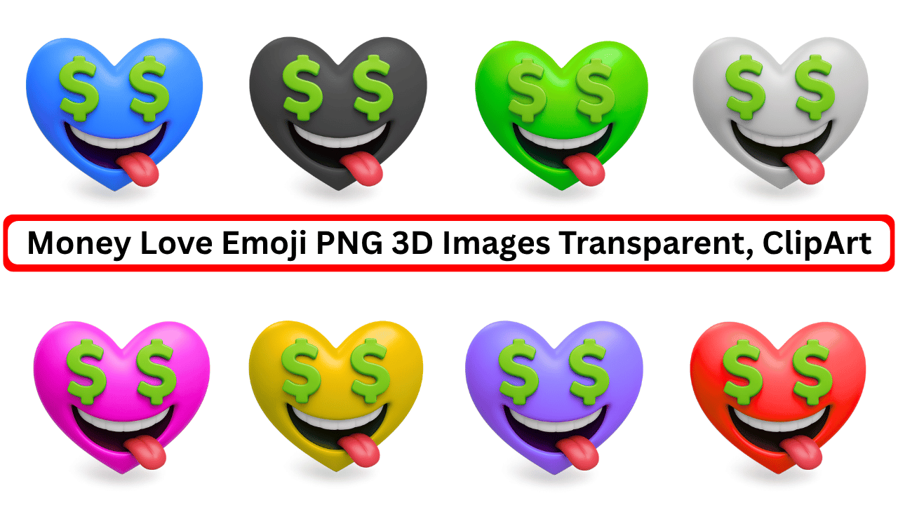 3D money love heart emoji pack with dollar eyes in ten colorful PNG variations