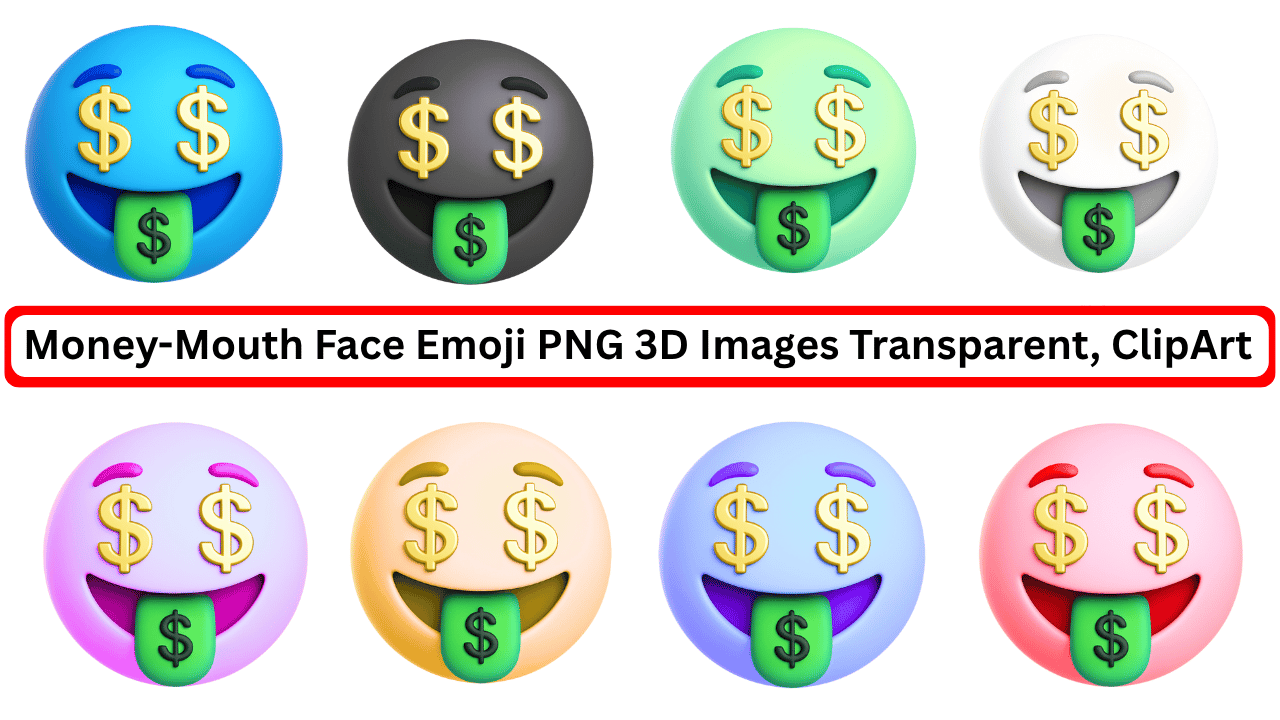 3D money-mouth face emoji PNG collection in colorful designs with transparent background