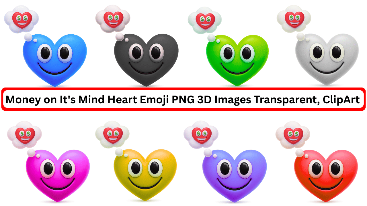 Multicolor heart emojis thinking about love and money with dollar eyes in 3D
