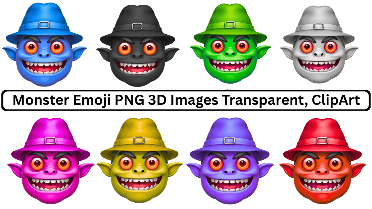 Set of 3D monster emojis with different colored hats and red eyes in PNG format