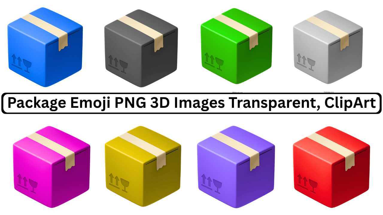 Colorful 3D package emoji PNG set with transparent background and fragile icons