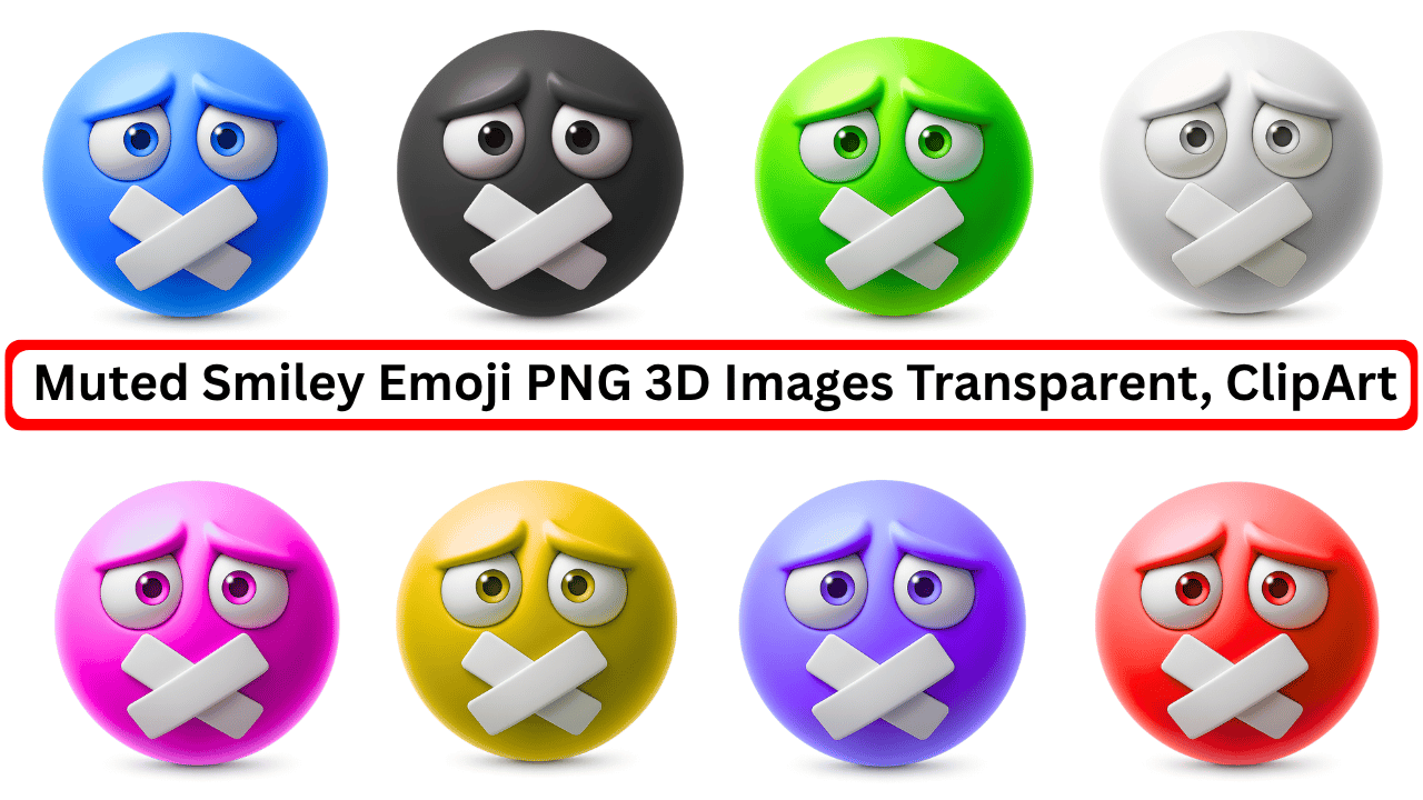 Set of nine 3D muted smiley emojis with taped mouths and emotional expressions